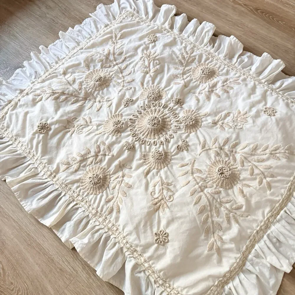 Pottery Barn Standard Sham Floral Embroidered Cream Boho French Country